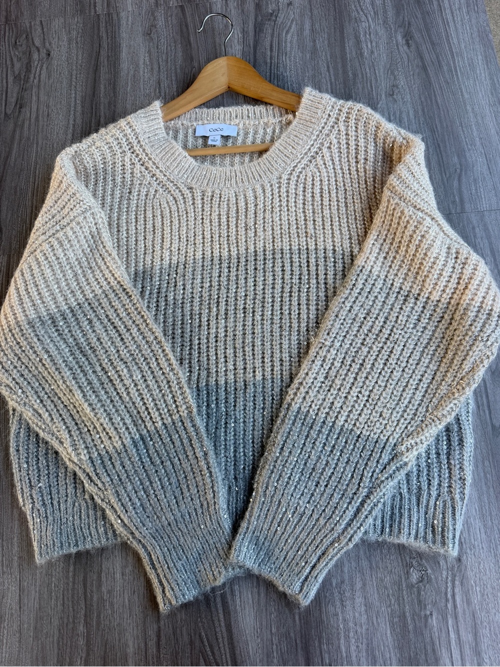 Cece Sequin Colorblock Knit Sweater XL Beige Gray Striped Fuzzy Pullover